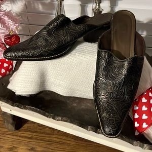 Leather tooled mules